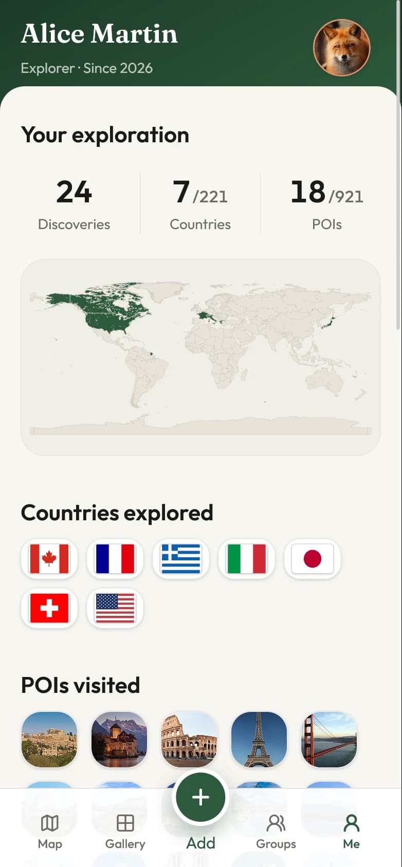 Sterna profile showing exploration statistics and countries visited